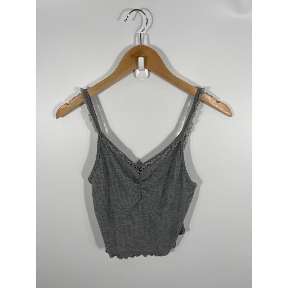 Y2K Womens Tank Top S Grey Ruched Lace Lettuce Hem Ribbed Bella Swan Goth